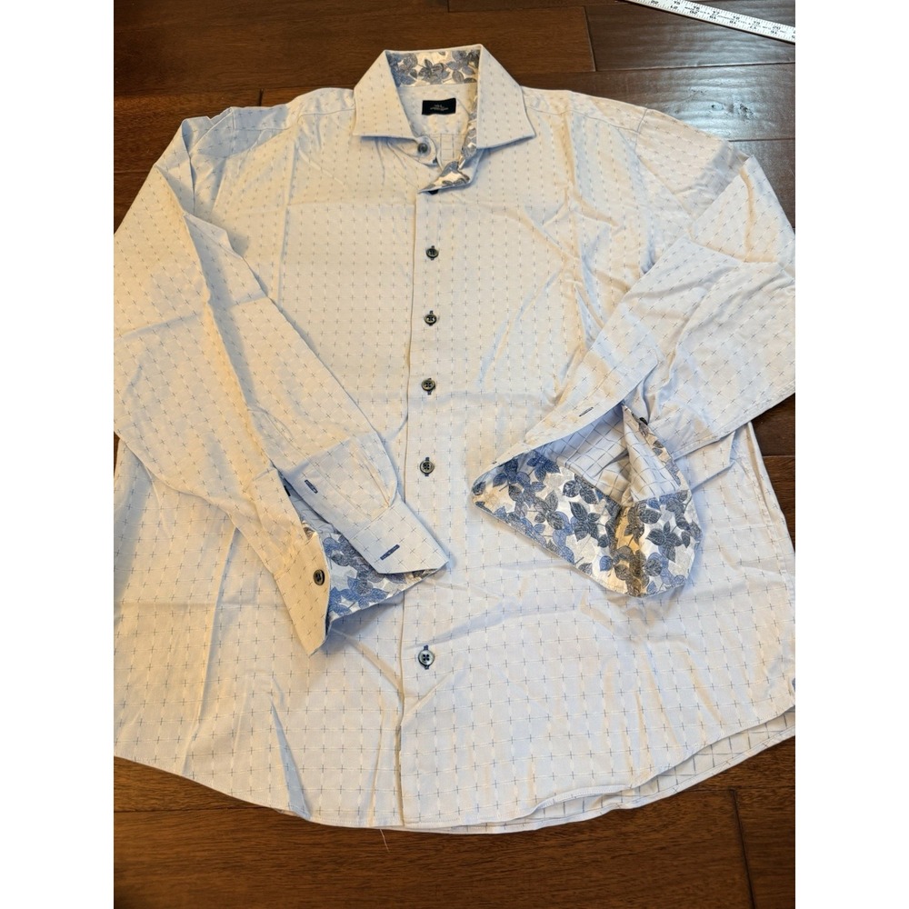 Men's Long Sleeve Shirt L Bespoke Quality Custom Made Anthony Mason Blue AOP - Picture 2 of 5